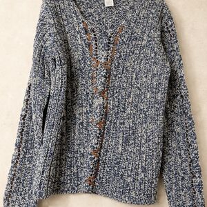 Westbound Blue and White V-Neck Sweater with Brown Details